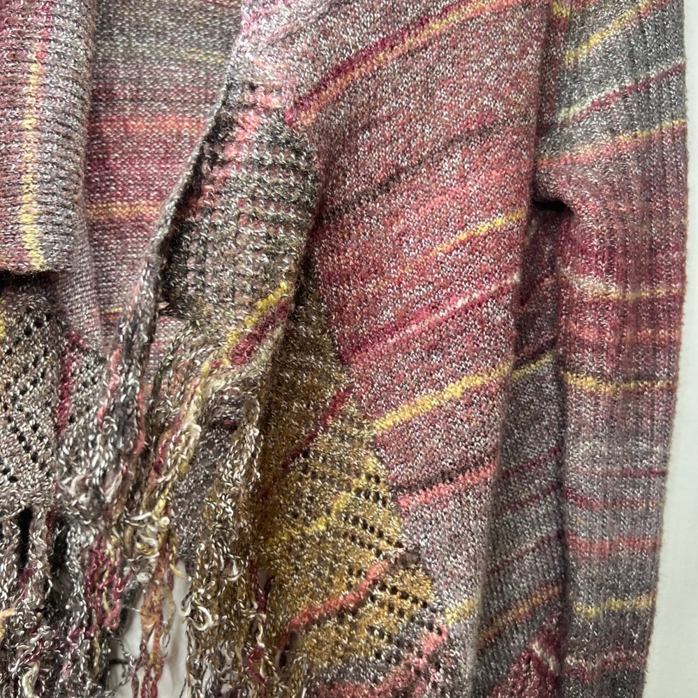 Cato Open Front Fringe Cardigan M Boho Striped Lightweight Knit Festival Earthy - Picture 3 of 12